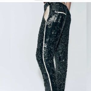 Zara NWT Sequined green pants with chiffon details sz M